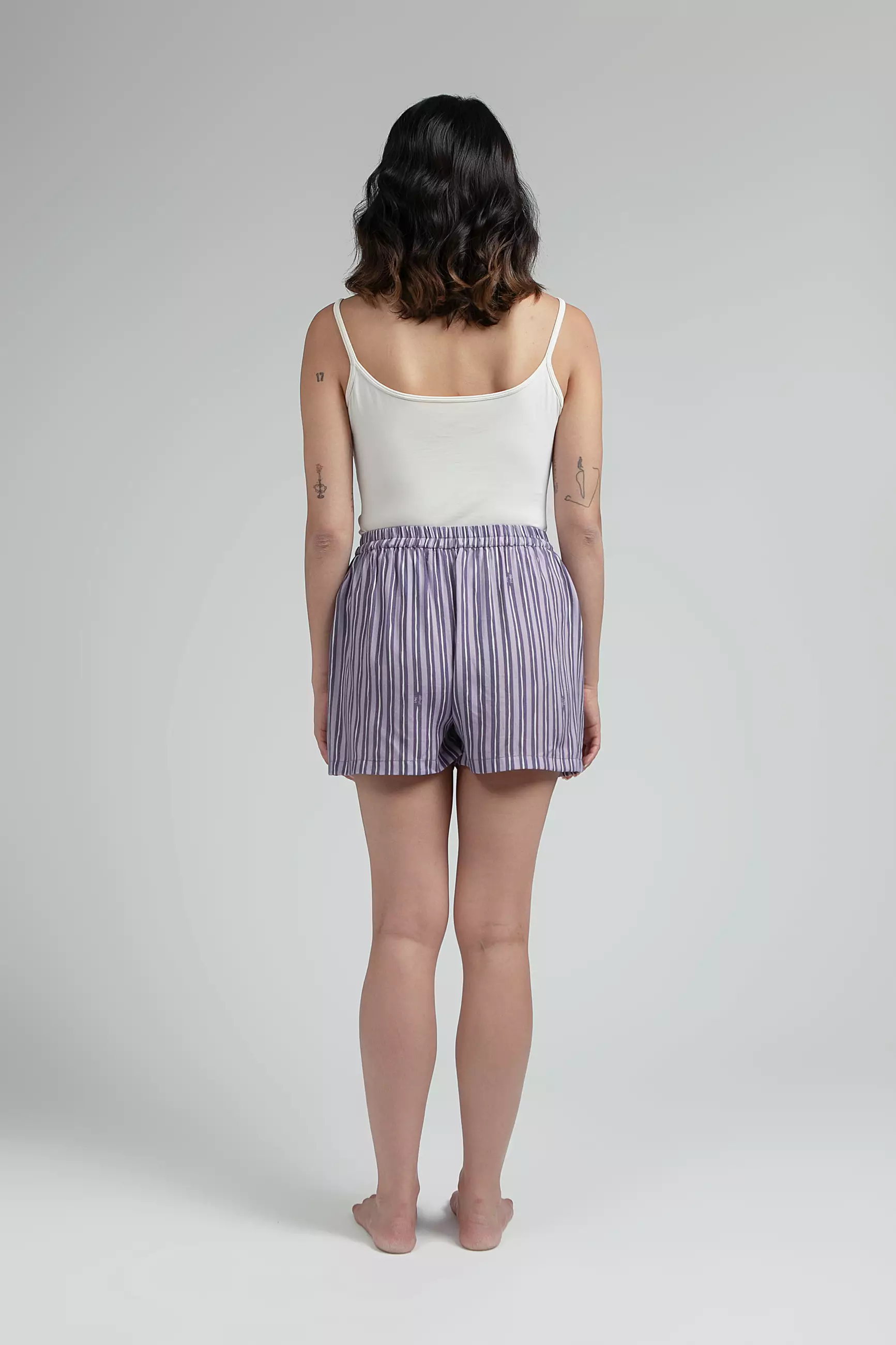 Piyama Set Wanita Lengan Pendek Katun Ecovero | SARE Studio Sleepwear MANGGIS set in Lilac Salur