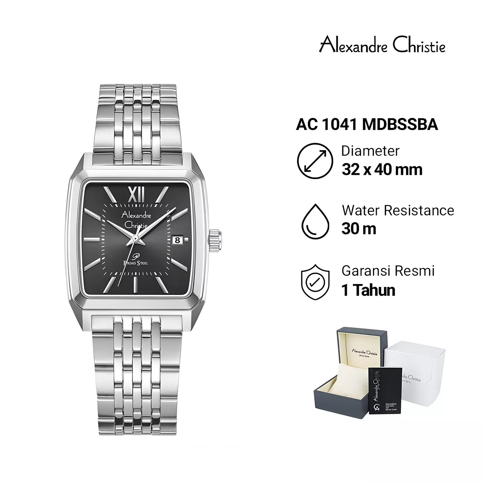 Alexandre Christie Primo Series - Jam Tangan Analog Pria - Silver Black - Stainless Steel - 1041 MDBSSBA