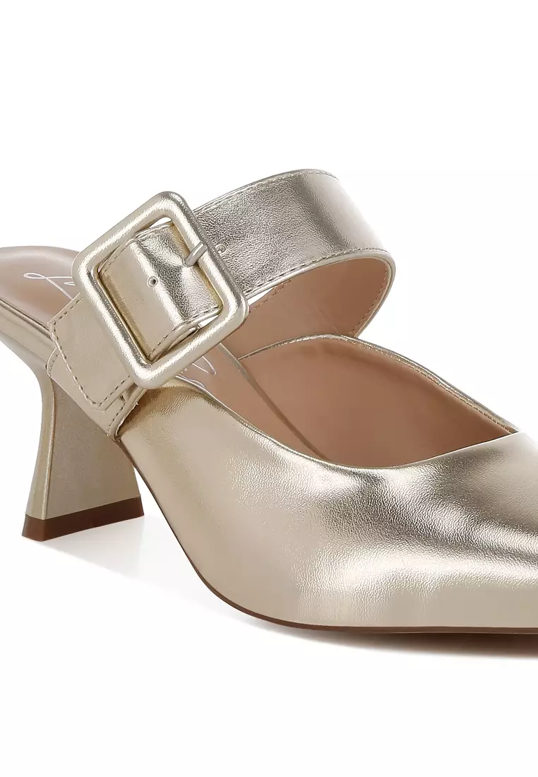 Large Buckle Kitten Heel Mules In Gold
