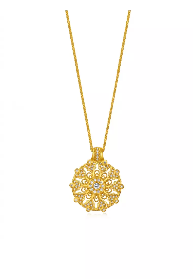 999.9 24K Solid Gold Cultural Blessings Diamond Mandala Necklace for Women 95564N