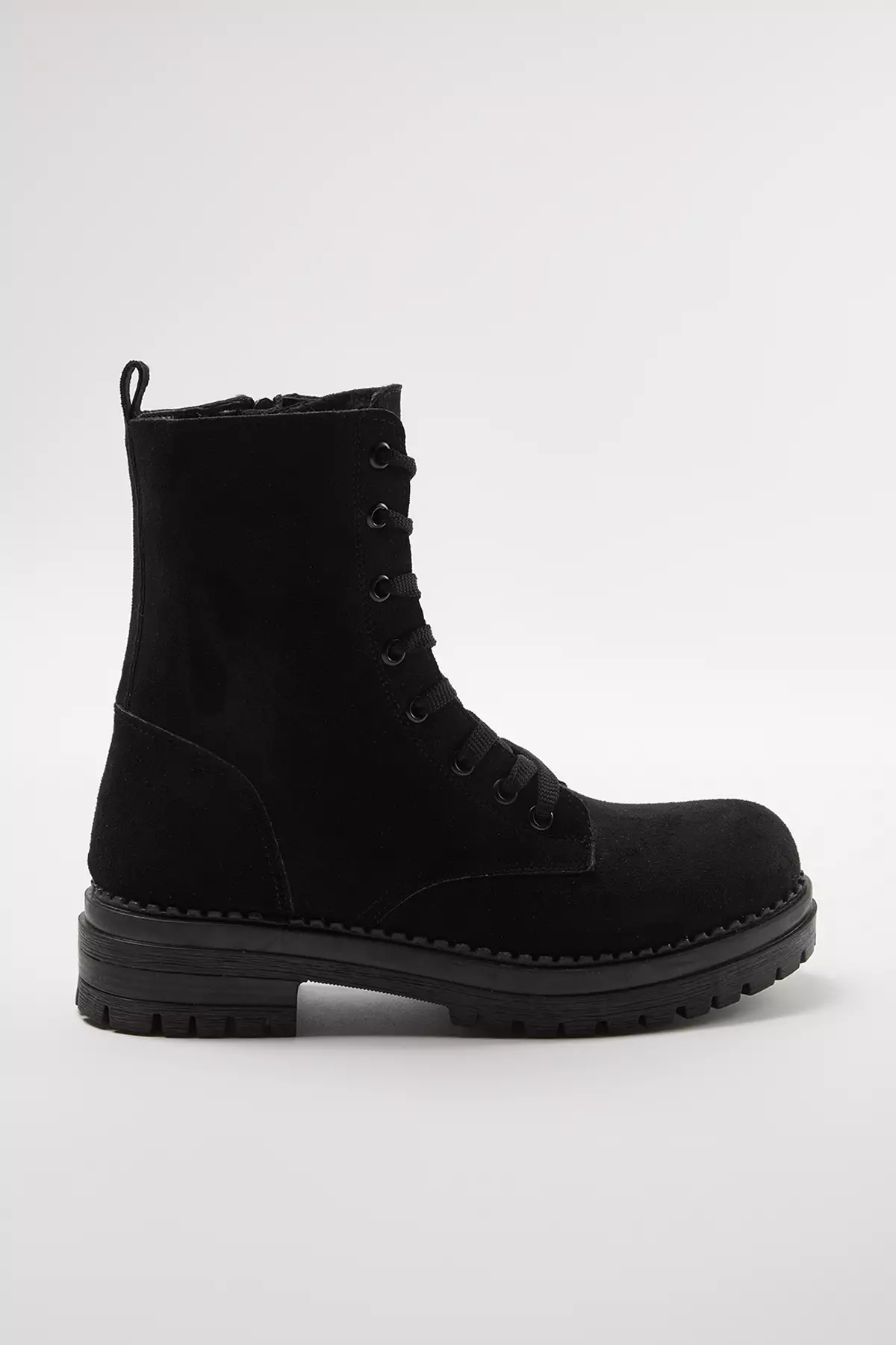 Black Suede Lace-Up And Zip-Up Short Flat Women's Boots Takaw25Bo00026