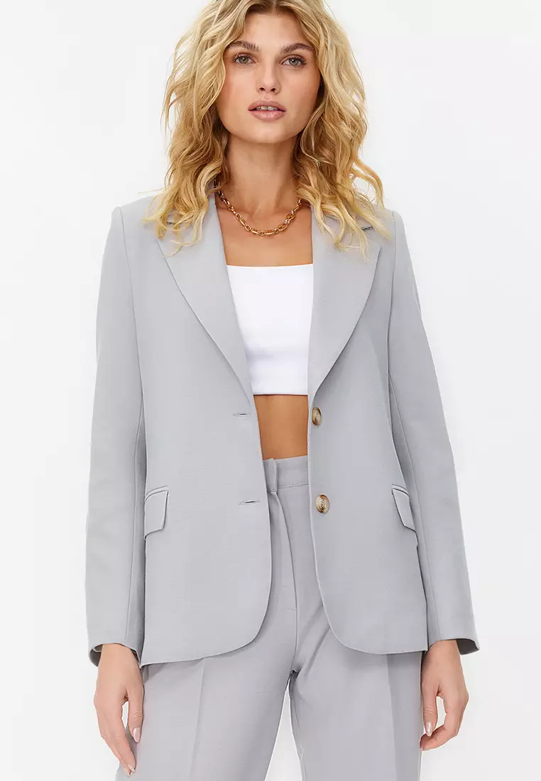 Grey Regular Lined Woven Blazer Jacket