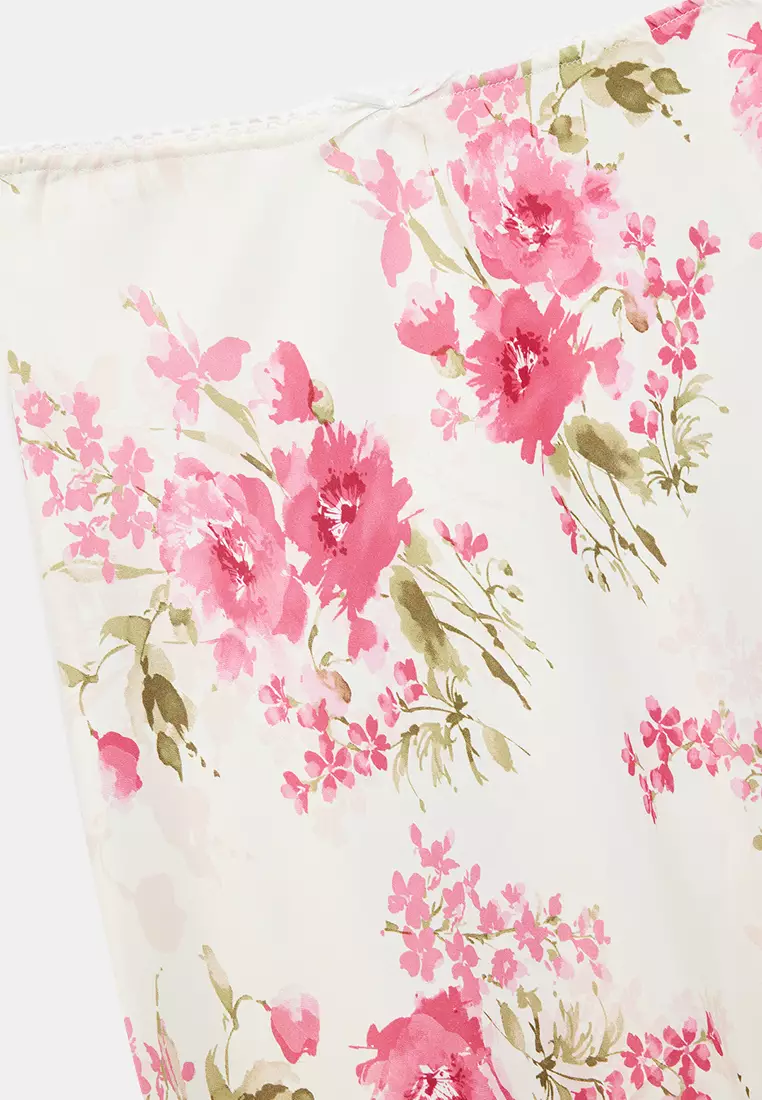 Viscose Fabric Midi Length Floral Satin Flared Skirt