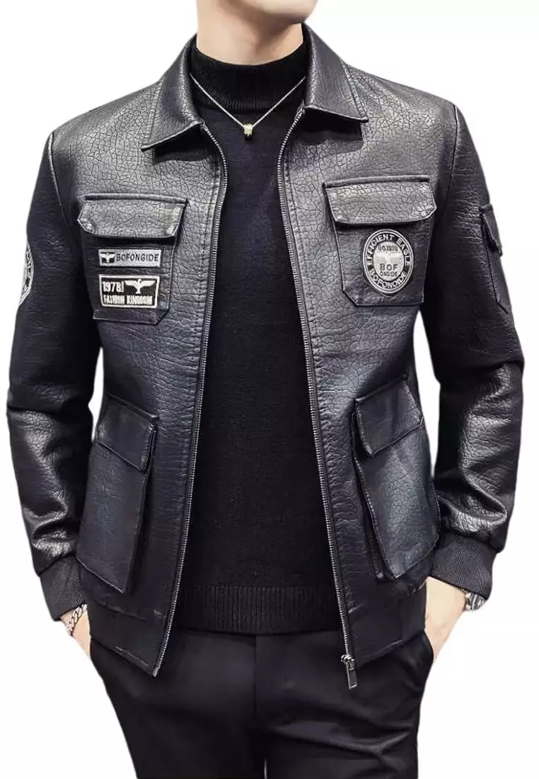 HAPPY FRIDAYS Faux Leather Aviator Embroidered Jacket MJ616