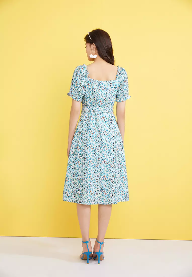Square Neck Floral Midi Dress