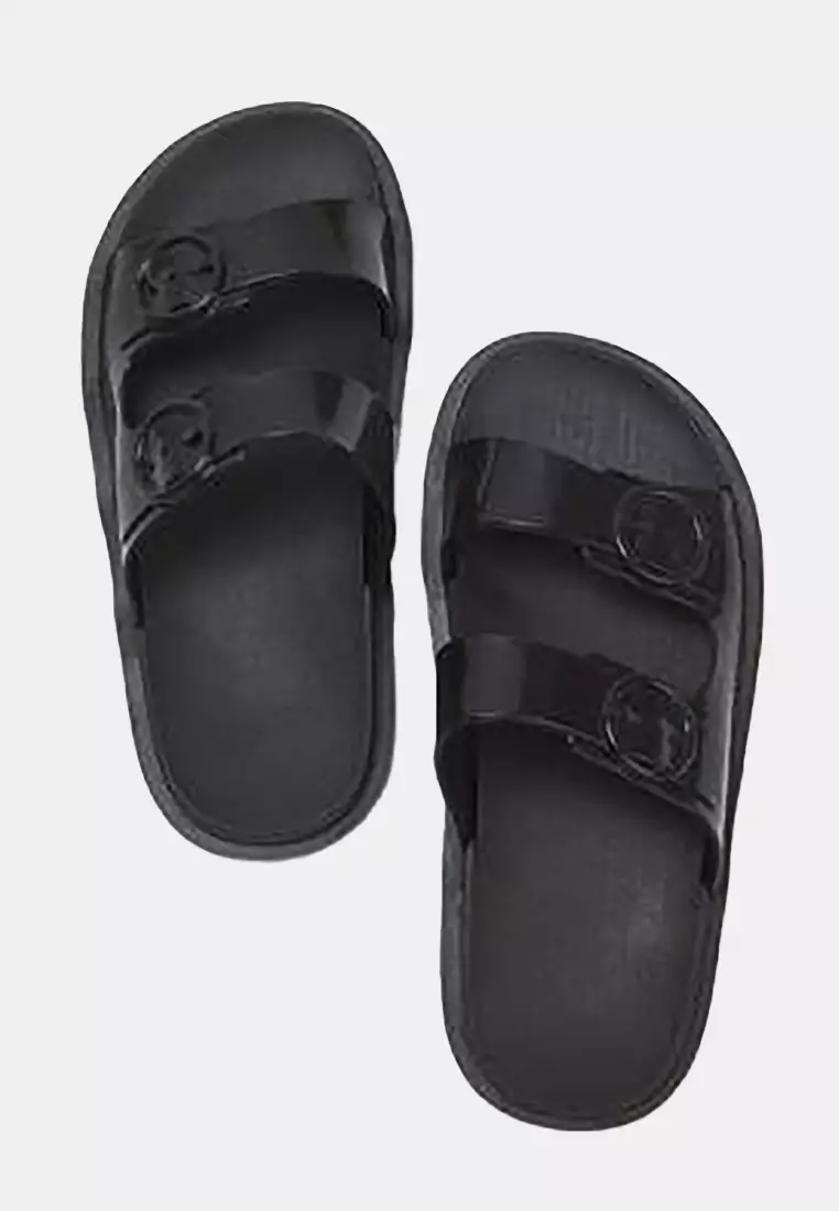 Black Double Band Buckle Detailed Women's Slippers Takss25Te00060