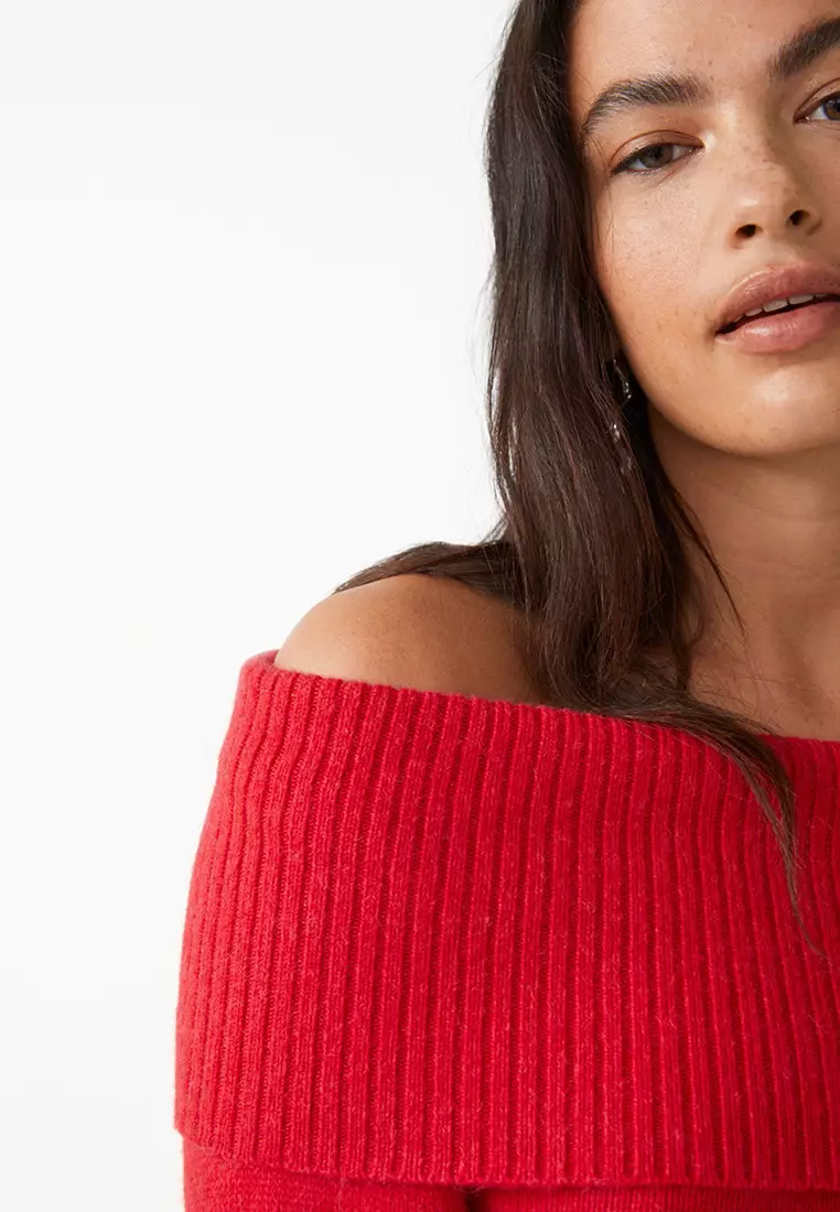 Red sweater outlet off the shoulder