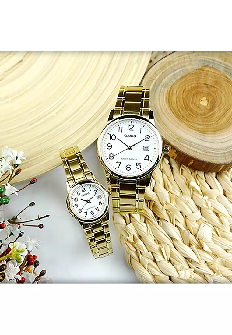Couple Analog Watch MTP/LTP-V002G-7B2 Gold Stainless Steel Strap