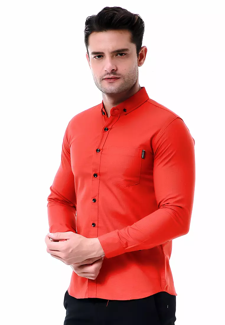 Leopold Kemeja Basic Pria Motif Polos Long Sleeve Material Cotton ORIGINAL - Orange