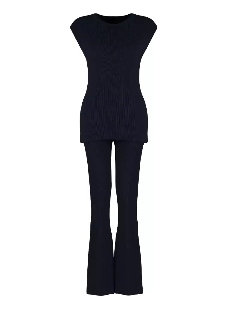 Navy Blue Cotton Thin Blouse Trousers Knitwear Bottom-Top Set TWOSS24AU00115