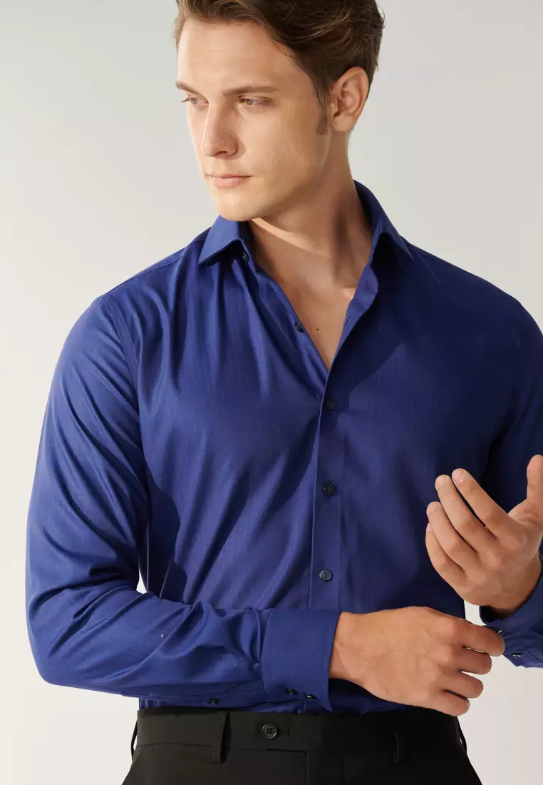 Dark Blue Herringbone Slim Shirt