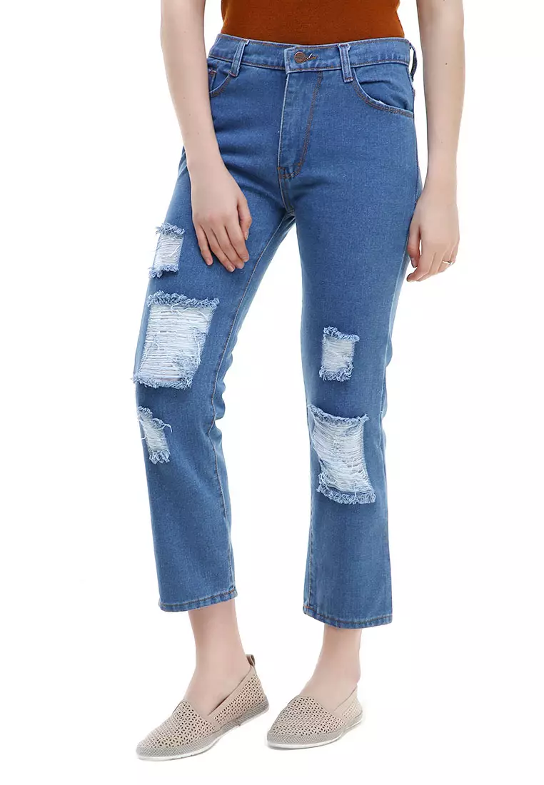 Tyler Celana Jeans High Waist Boyfriend Ripped Bawahan Wanita Design Simple - Biru Medium