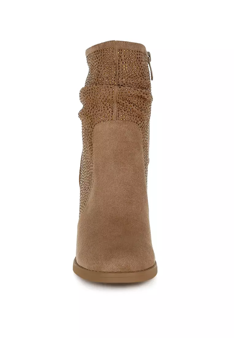 Rhinestone Studded Slouchy Ankle Boots In Beige