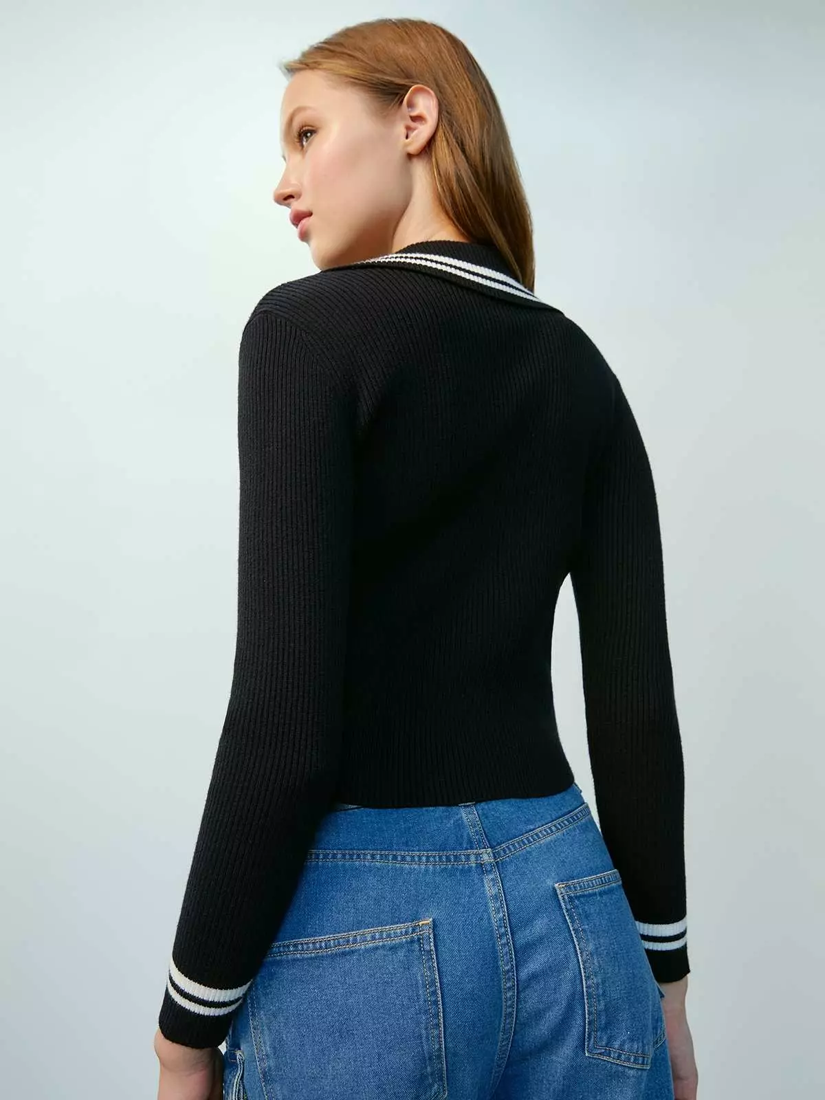 Double Weave Logo Detailed Two-Tone Ribbed Knit Cardigan - Black