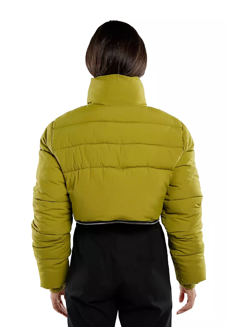 Jaket Puffer Turtleneck Dipotong Zaitun Gelap