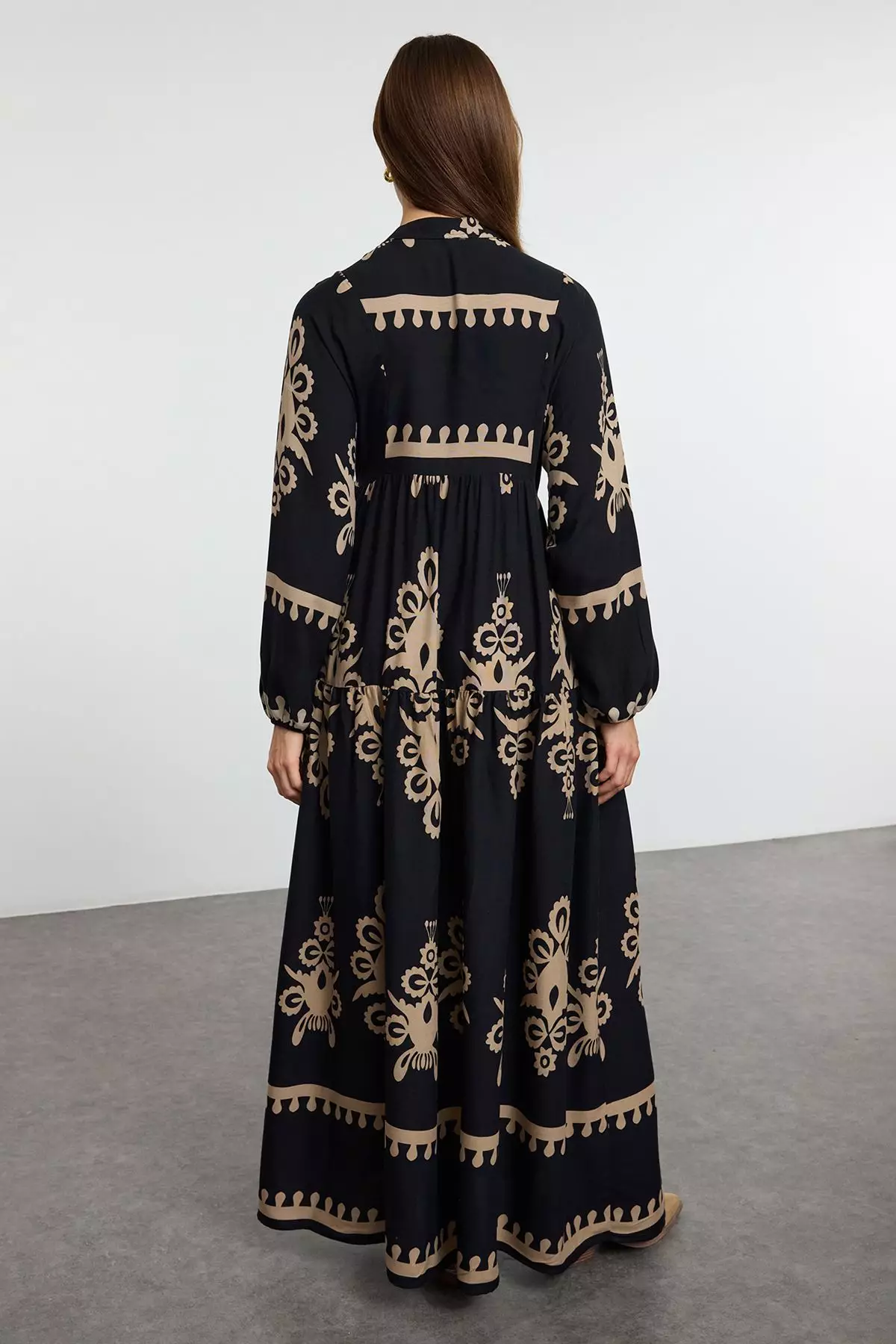 Black Authentic Patterned Viscose Woven Dress TCTSS24EB00221