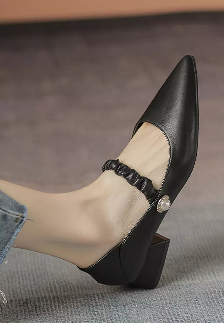 VANSA Simple Leather Elastic Strap Low Heel Shoes VSW-F1020-6