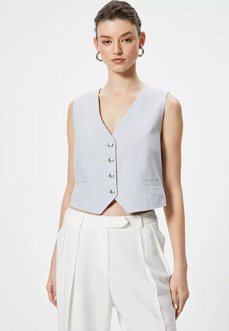 Discount on KOTON  shoes - SKU: Linen Blend Blazer Vest V-Neck Button-Float Pocket