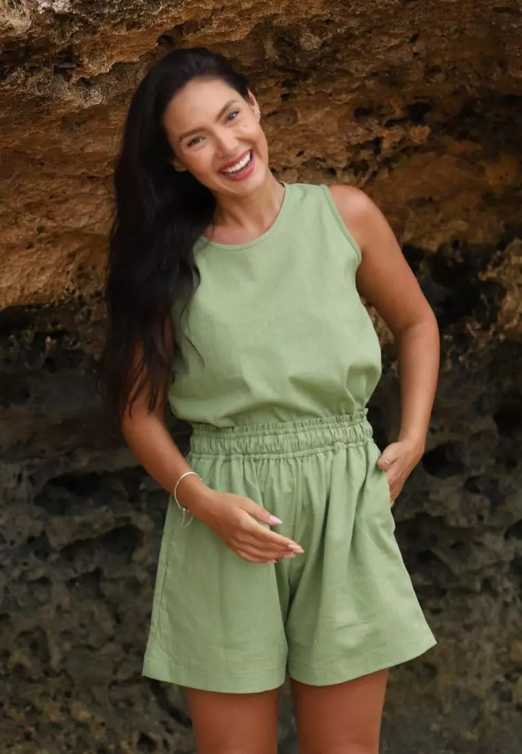 Lime Celana Pendek Linen Wanita Hijau | Linen Short Pants Women Green