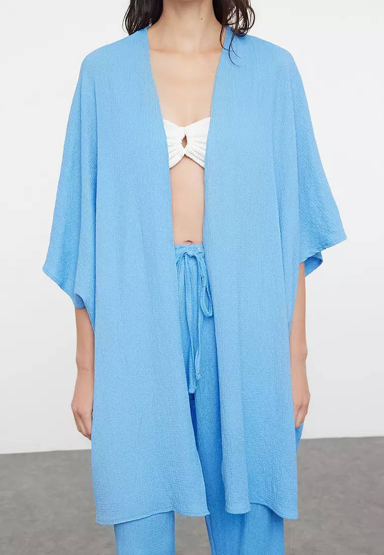 Blue Woven Wrap Kimono Pants Beach Set TBESS23AU00149