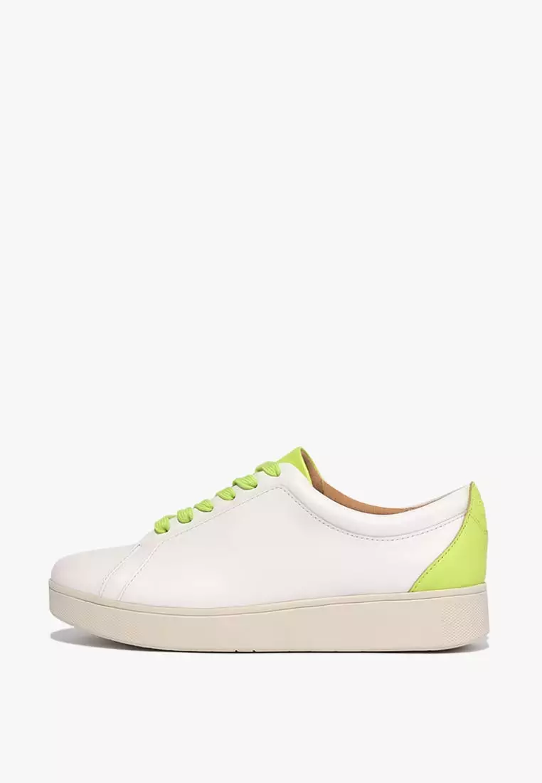 Discount on Fitflop  shoes - SKU: Rally Neon-Pop Leather Sneakers - Urban White/Electric Yellow