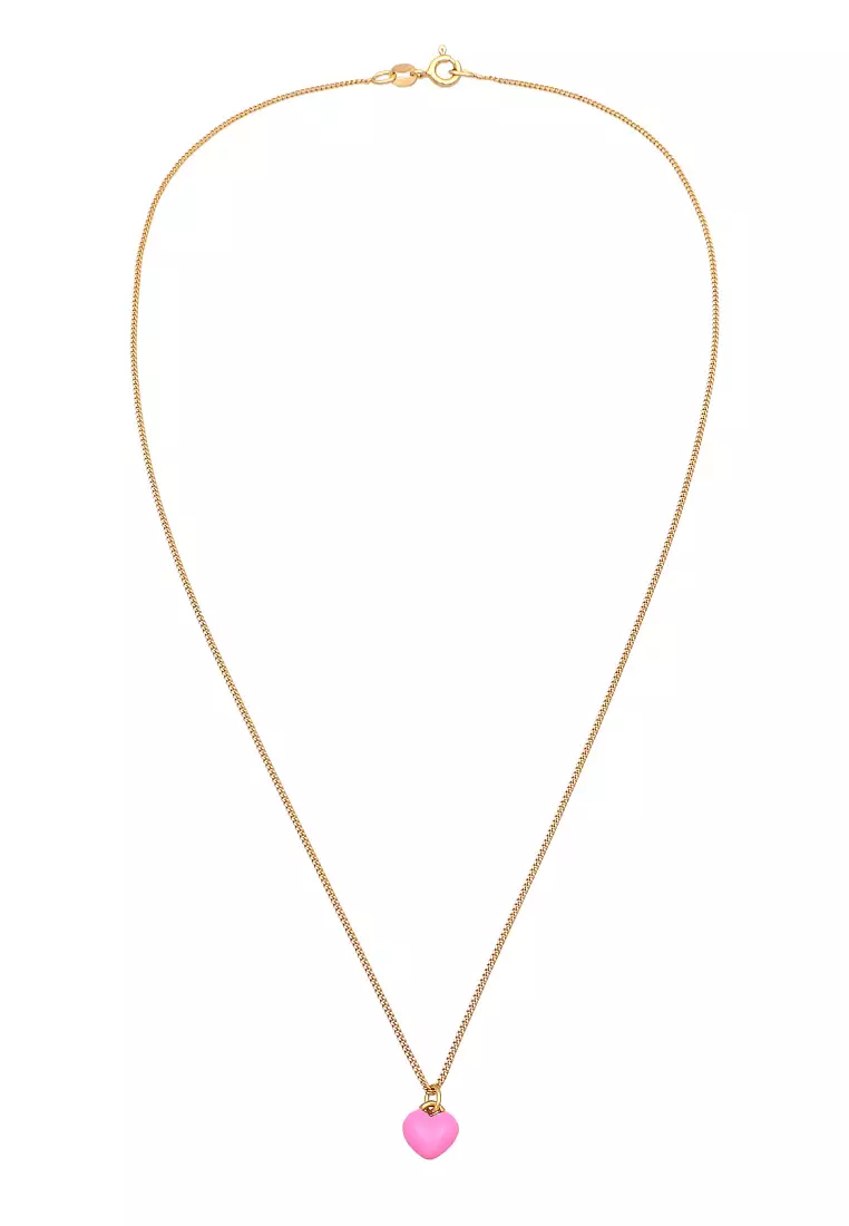 Kalung Perhiasan Perak 925 Anak Heart Pendant Cute Enamel Pink Gold Plated