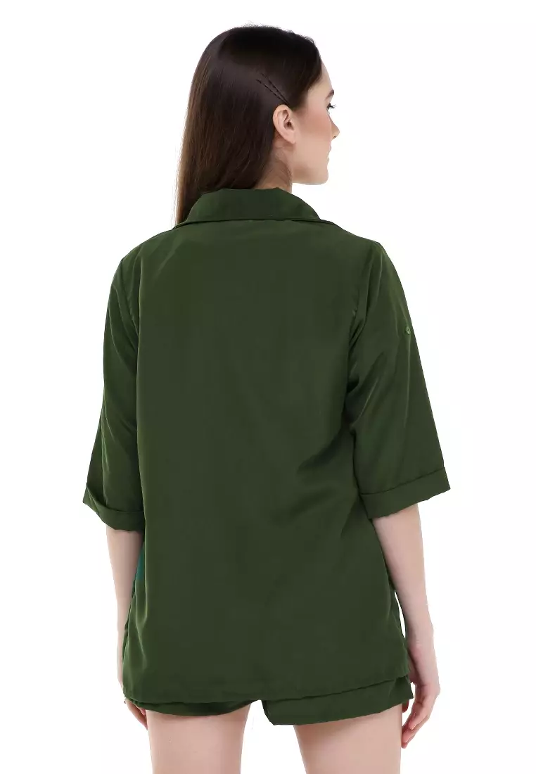 Nicrely Setelan Blazer Wanita One Set Longsleeve Outer Short Pant Material Twiscone ORIGINAL - Army