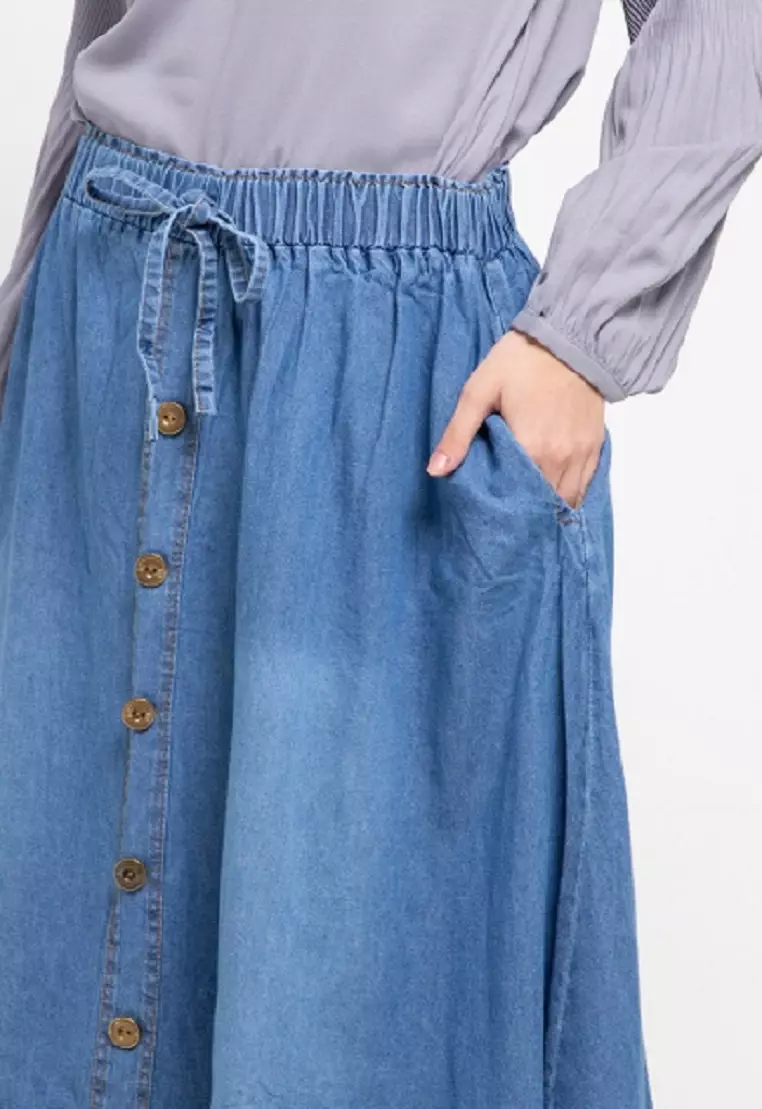 Long Skirt Denim Flare W/ Button
