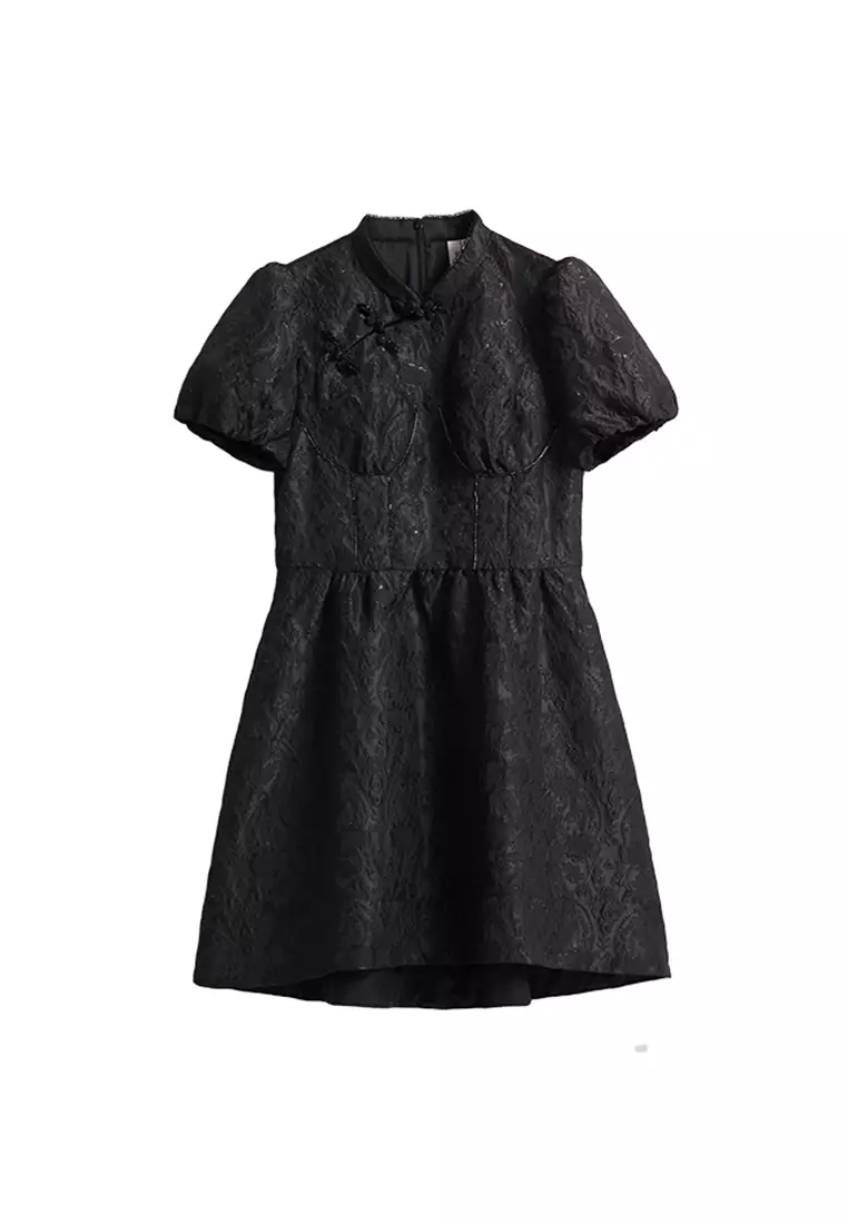 Short-Sleeve Mandarin Collar Midi A-Line Dress