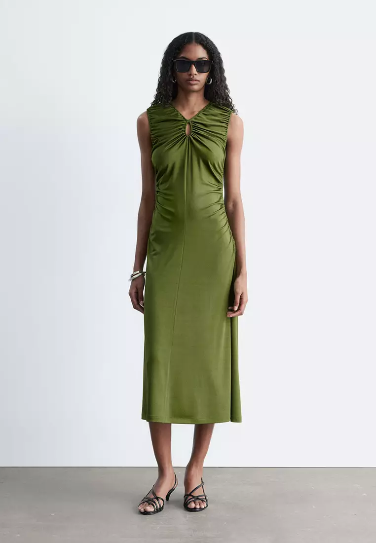 Ruched Keyhole-Neck Midi Dress