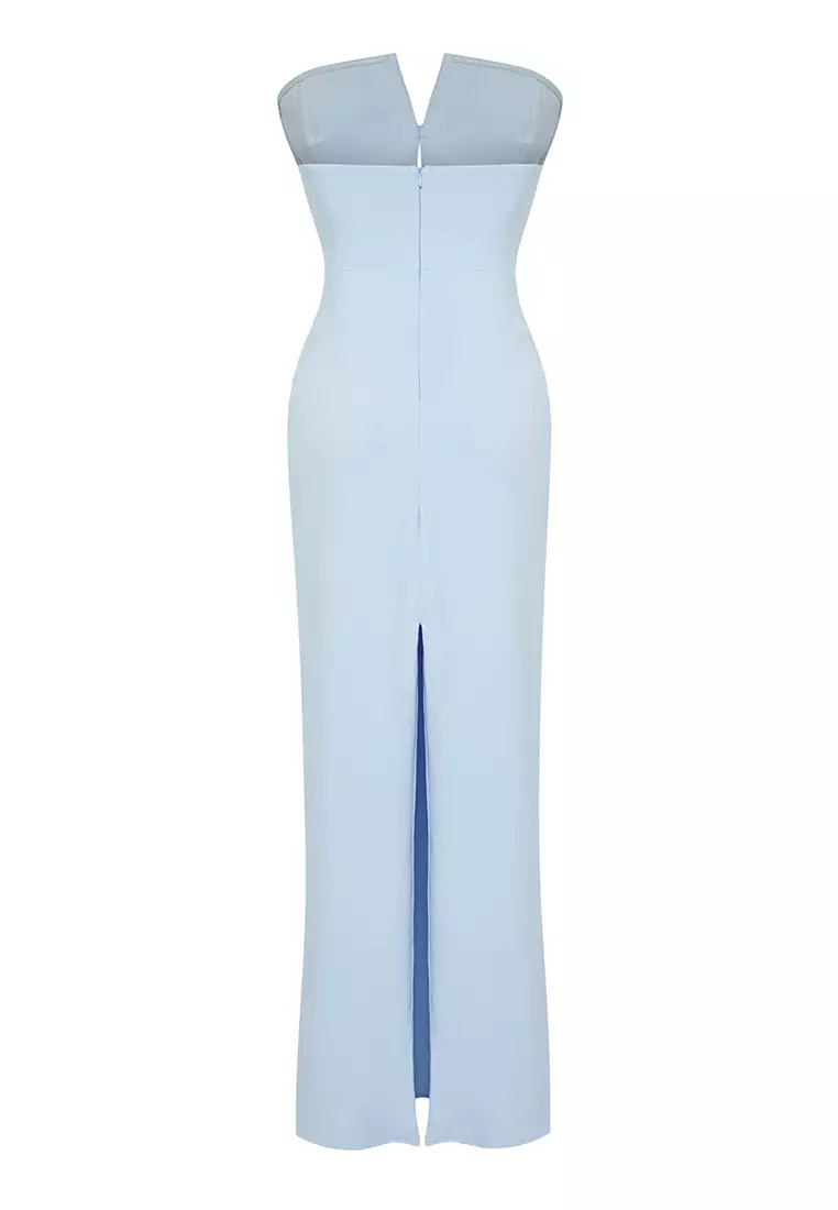 Light Blue Bow Detailed Woven Long Elegant Evening Night Graduation Dress TPRSS24AE00073