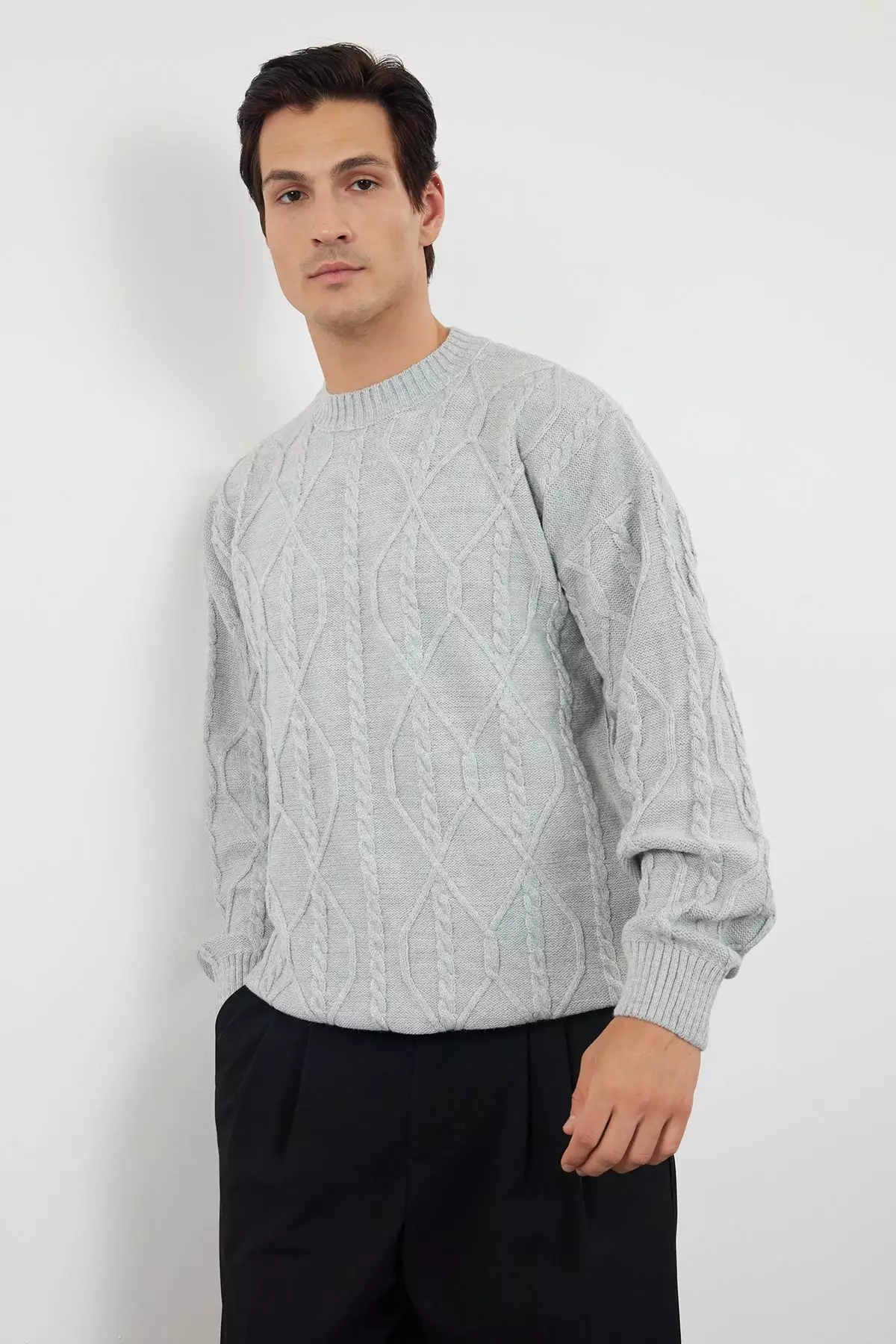 Gray Oversize Crew Neck Hair Knitted Knitwear Sweater TMNAW24KZ00003