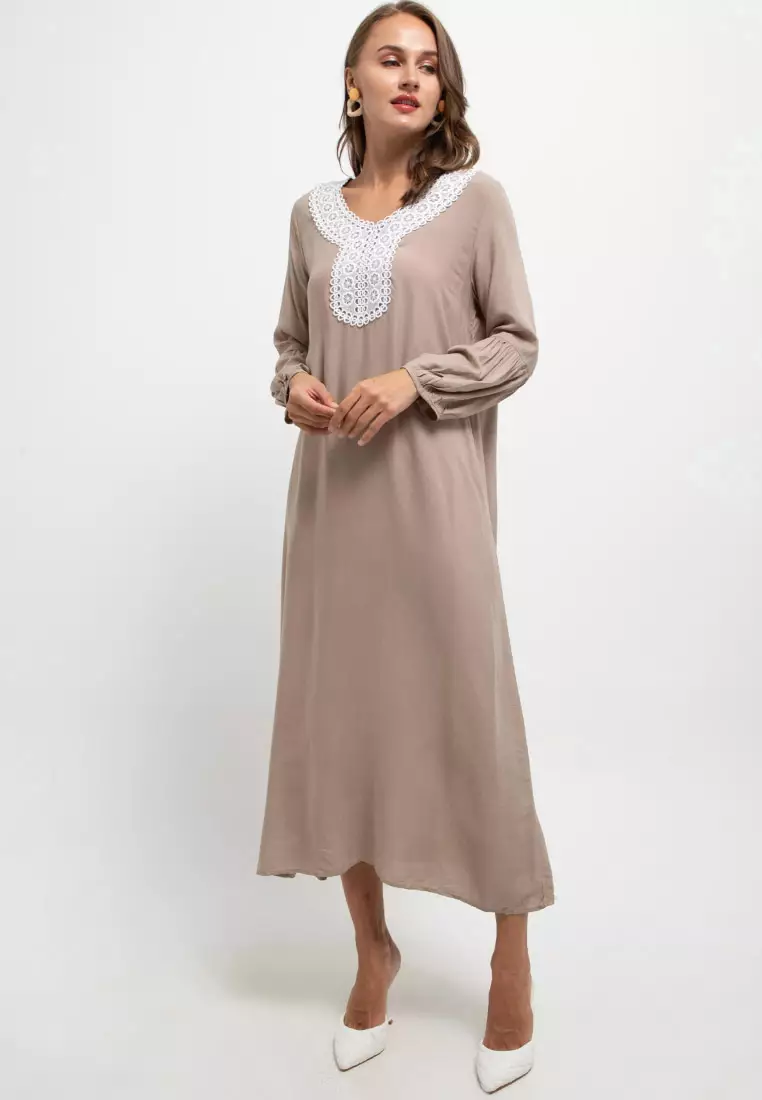 Crochet Lace Neckline Lantern Sleeve Long Dress