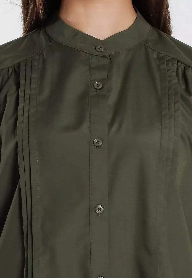 Forest Ladies Front Pleated Blouse Women Plain Long Sleeve Top - 822513-45Dk Olive