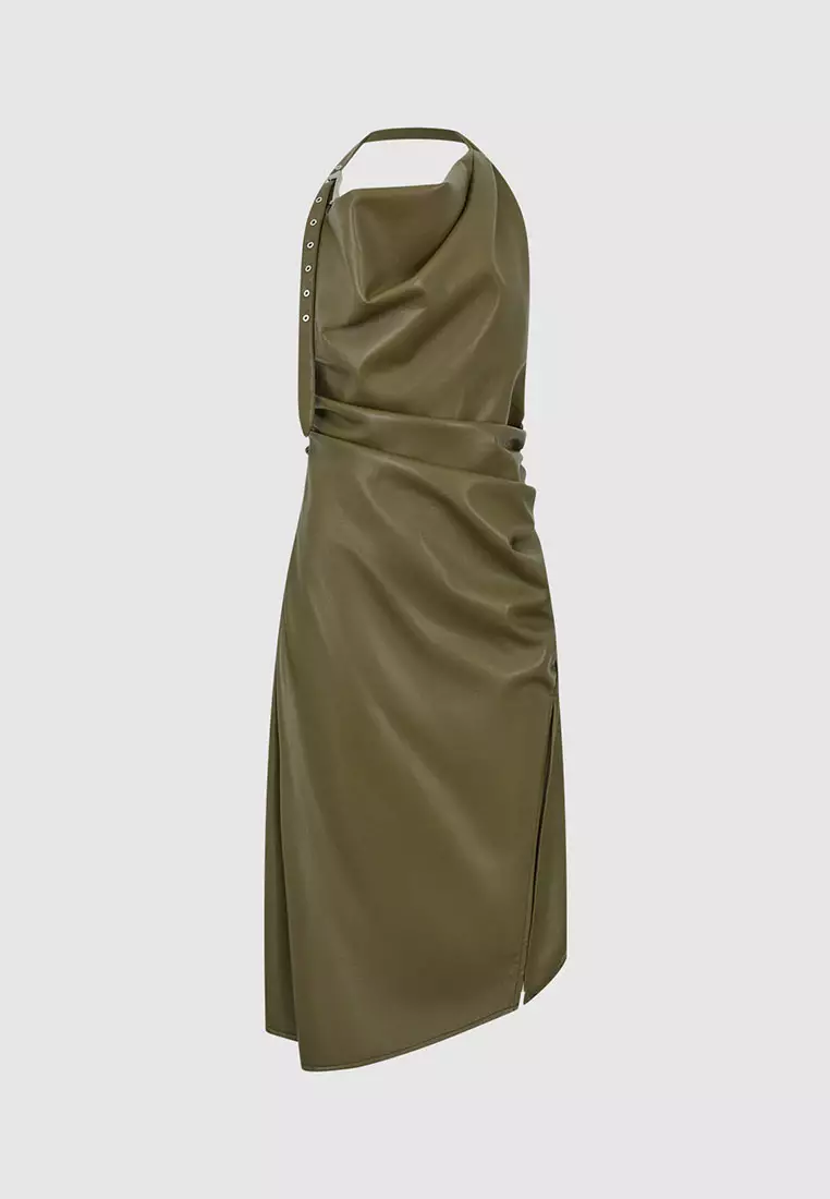 UR冬季新款女装摩登气质褶皱露背挂脖连衣裙UWJ740068