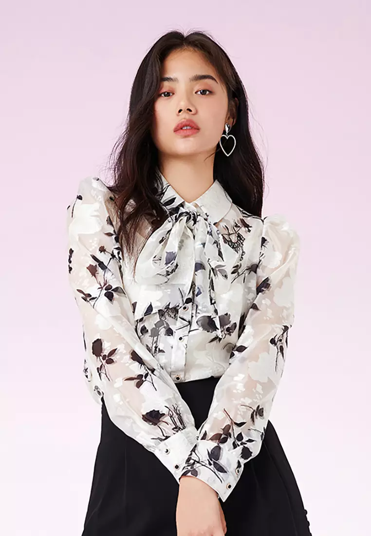 Long Sleeve Floral Smart Casual Blouse with Waist Tie