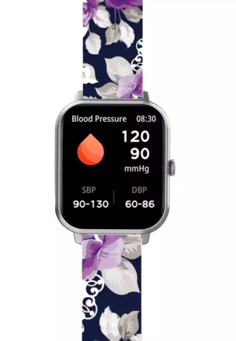 Zalora Special offer - IOS/Android Black SmartWatch with 2 Rubber Straps (Purple Flowers/Grey)