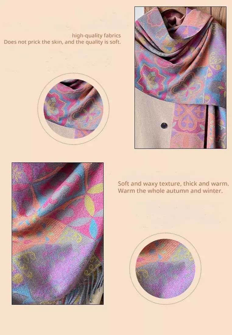 Syal Wanita Tebal Kasmir Reversible Paisley Pattern Cashmere Pashmina Shawl Rosy Pink