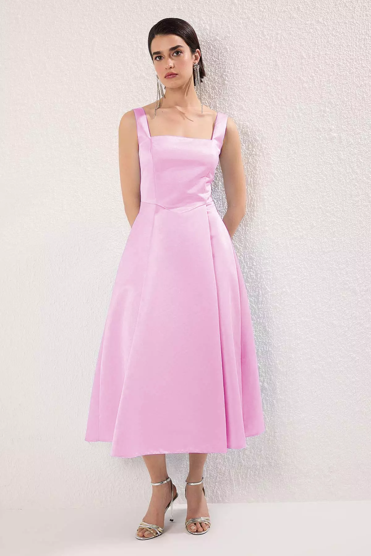 Light Pink A Line Satin Stylish Evening Dress