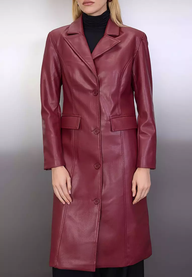 Burgundy Faux Leather Mono Closure Regular Long Coat