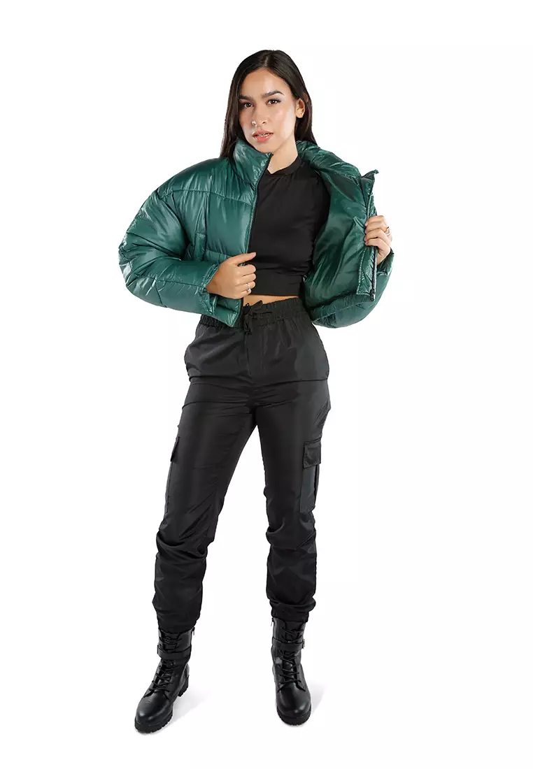 Jaket Puffer Turtleneck Dua Arah Hijau yang Dapat Dilepas