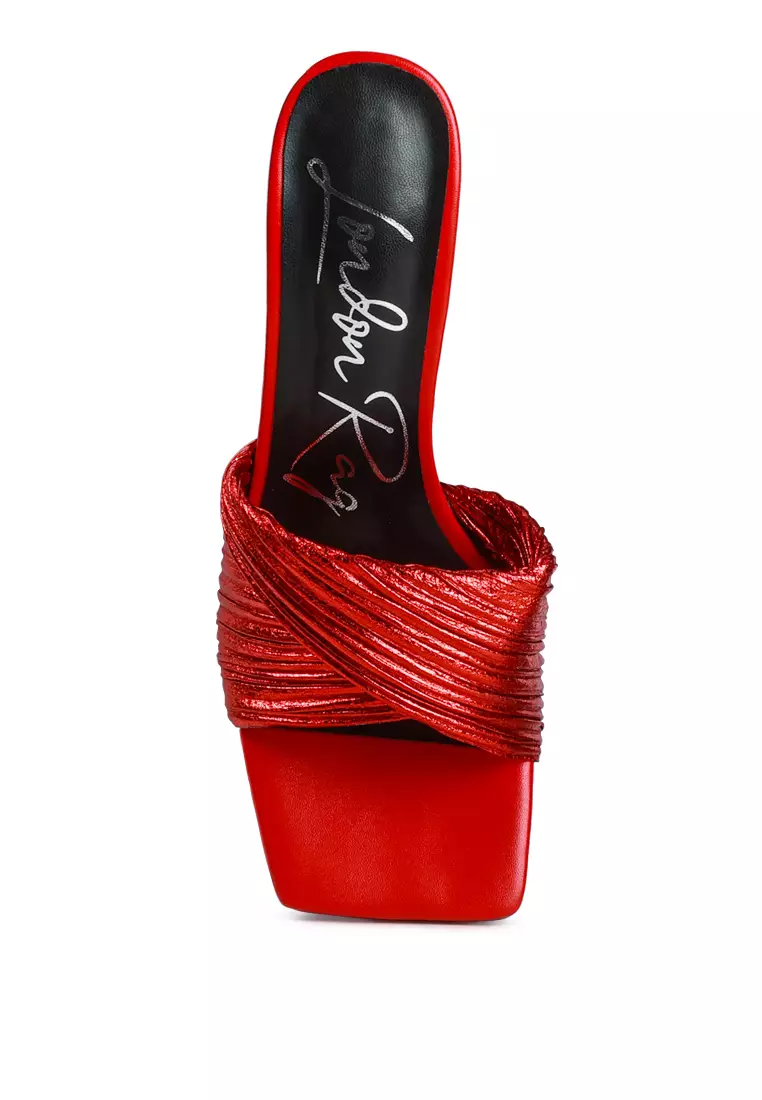 Metallic Red Crinkled High Heeled Block Sandals