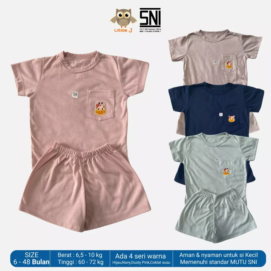 Little J Setelan Baju Anak Oblong Lengan Pendek Kaos Polos Set Celana Motif Usia 6 Bulan Hingga 48 Bulan