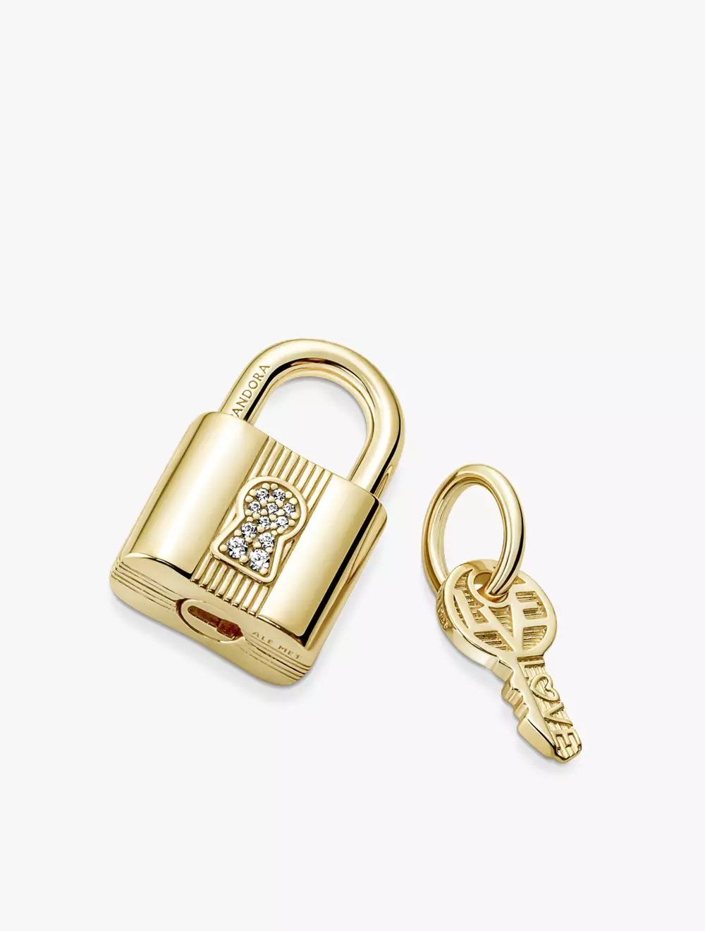 Padlock and key 14k gold-plated dangle with clear cubic zirconia