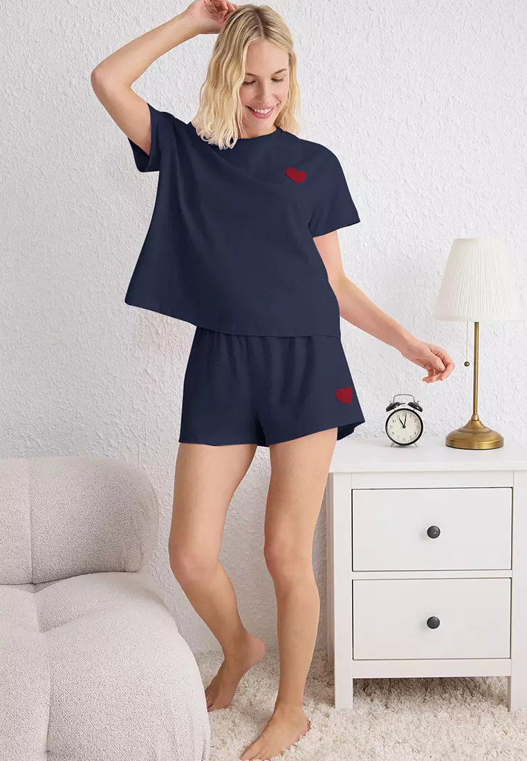 Pink Heart Patched Shorts Knitted Pajama Set