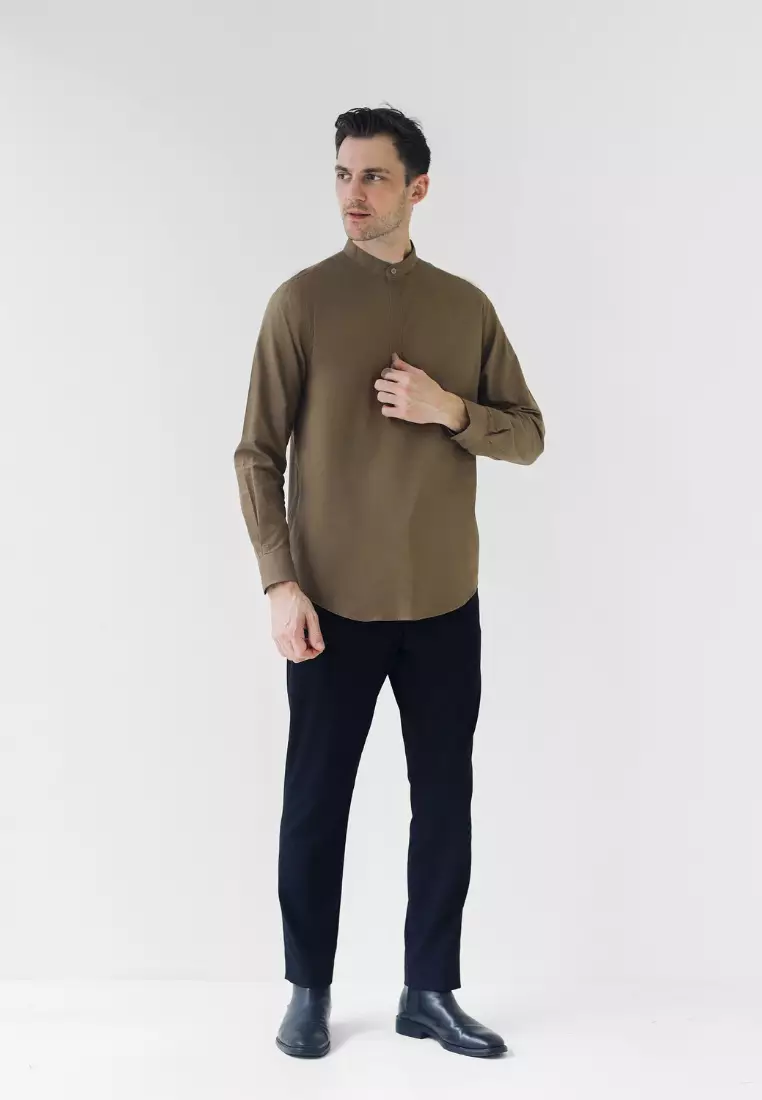 Cotton Well Oman Henley Shirt Olive Brown │Kemeja Koko Basic Lengan Panjang Hijau Coklat