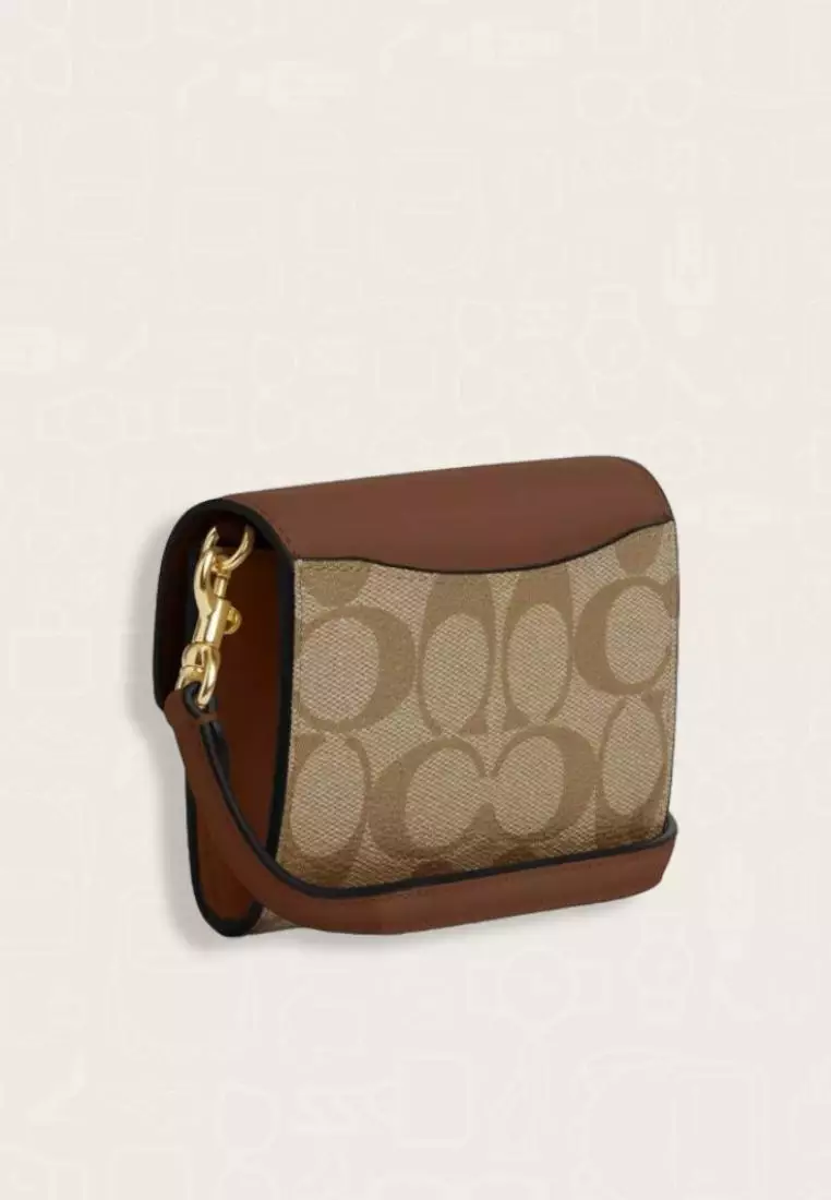 Coach Mini Envelope Wallet With Strap In Signature Canvas Khaki Saddle