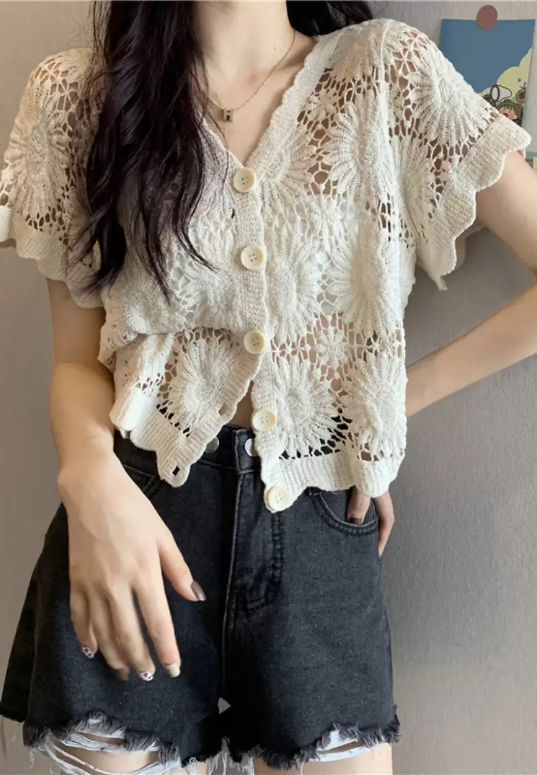 Buy Sunnydaysweety 2024 Summer New Hollow Crochet Short Sleeve Shirt ...