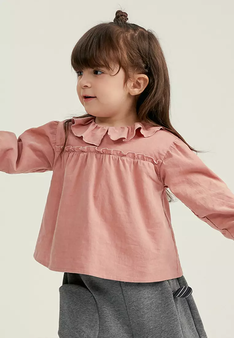 女小童长袖衬衫抽褶设计复古灯芯绒衬衣