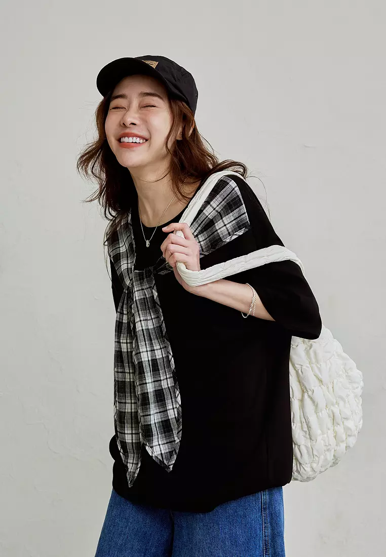 太空棉休閒領巾造型寬鬆短袖上衣《AB21054》